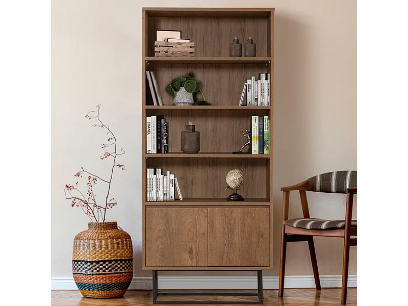 Biblioteca Industrial de Madeira e Preto com 6 Prateleiras e Pés de Metal