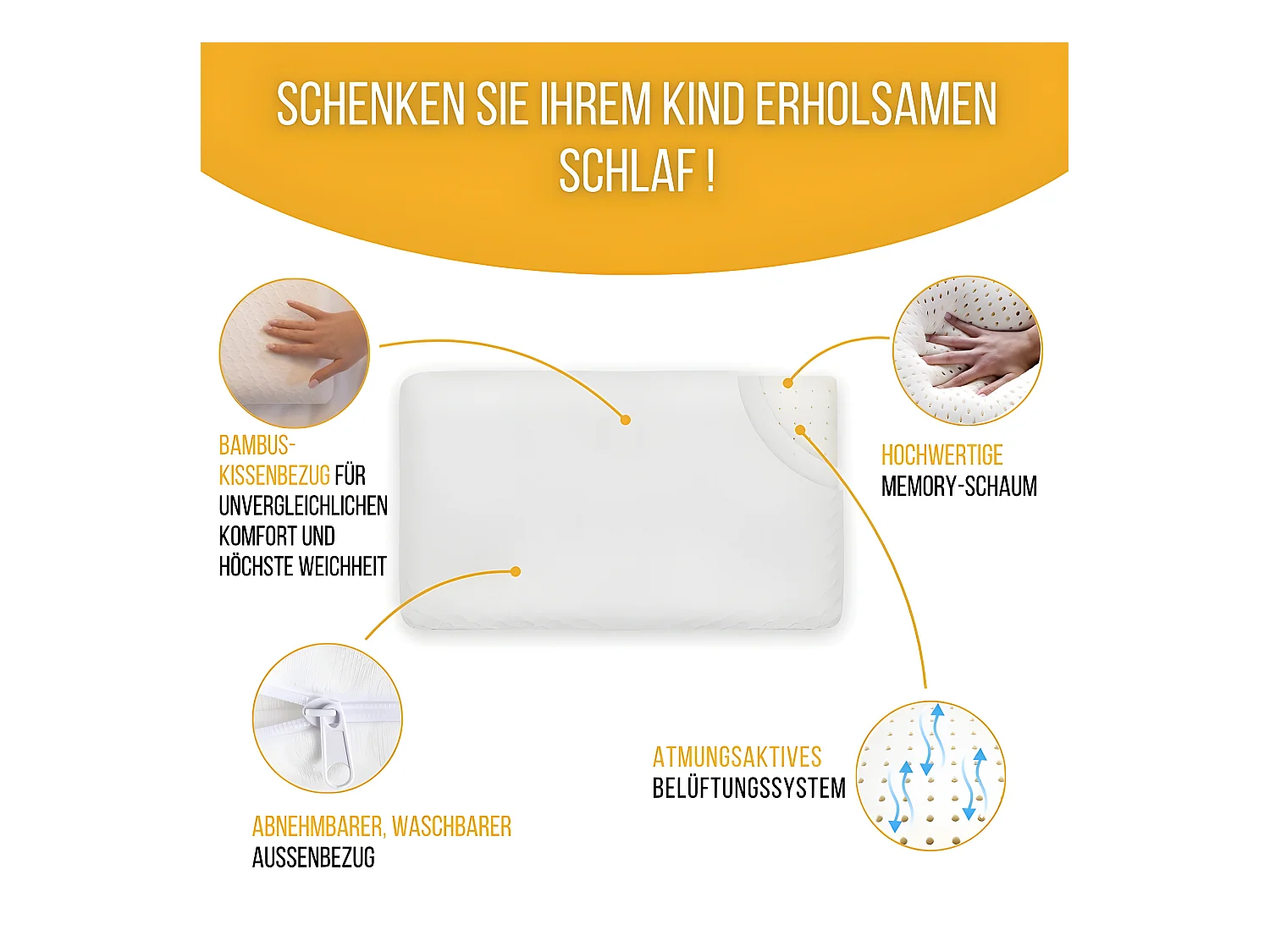 Almohada infantil transpirable de tejido de bambú 50x30x5,5 con funda de bambú adicional INPHYSIO