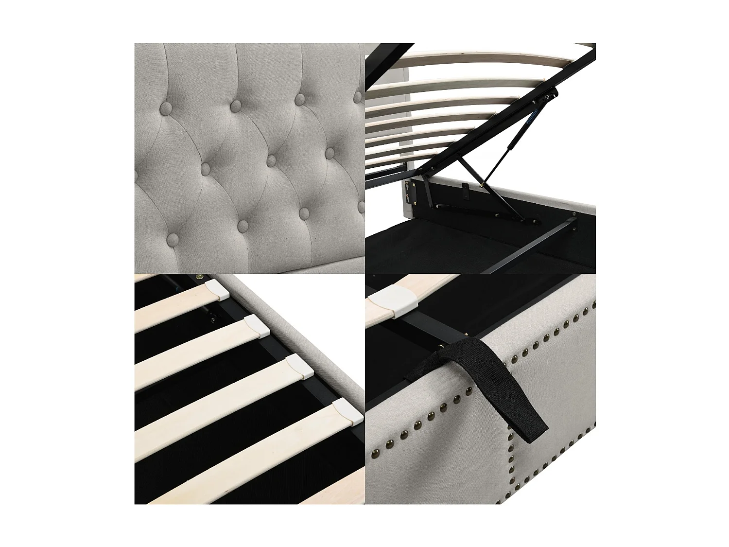 Gepolstertes Bett mit Stauraum aus Leinen – verziert mit Nieten – mit Lattenrost – 140 x 190 cm – Hellgrau