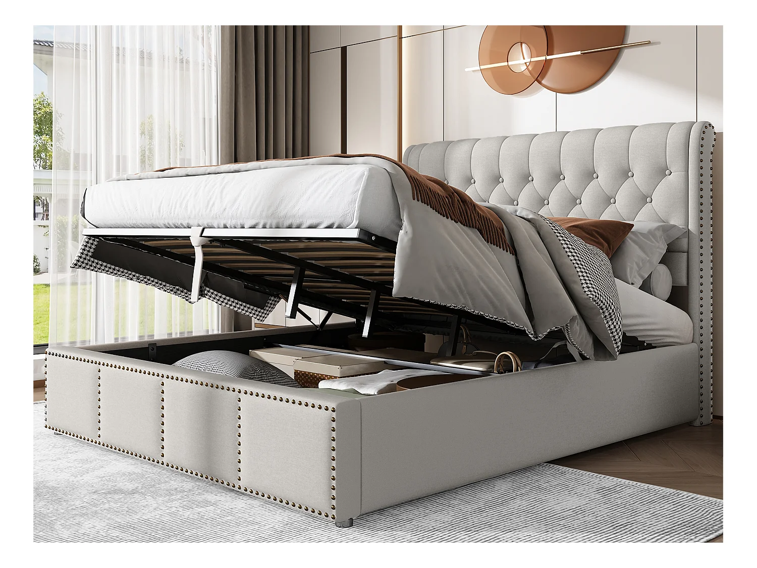 Cama contenedor tapizada de lino - decorada con remaches - con somier de láminas - 140x190cm - Gris claro