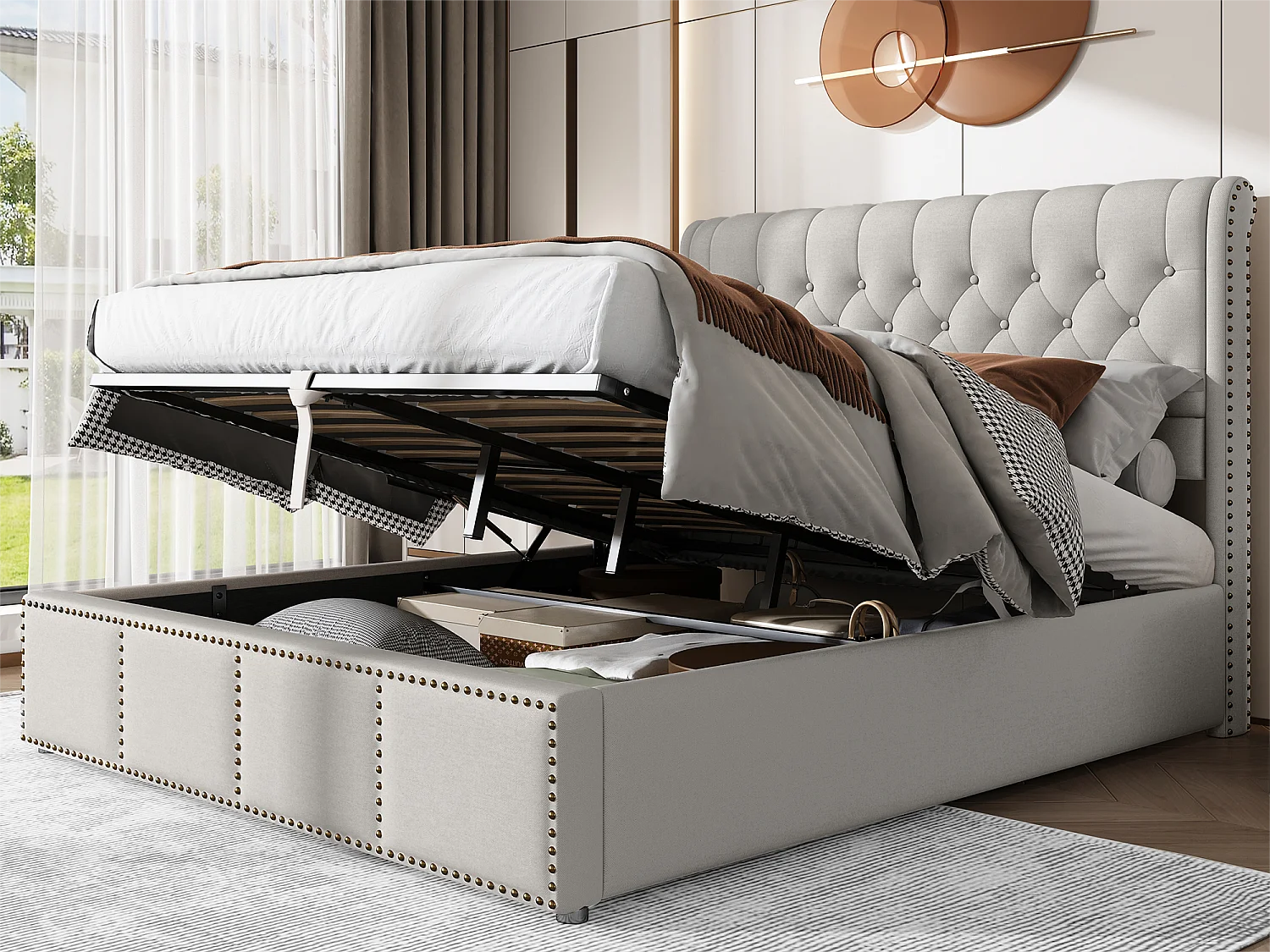 Gestoffeerd linnenopbergbed - versierd met klinknagels - met lattenbodem - 140x190cm - Lichtgrijs