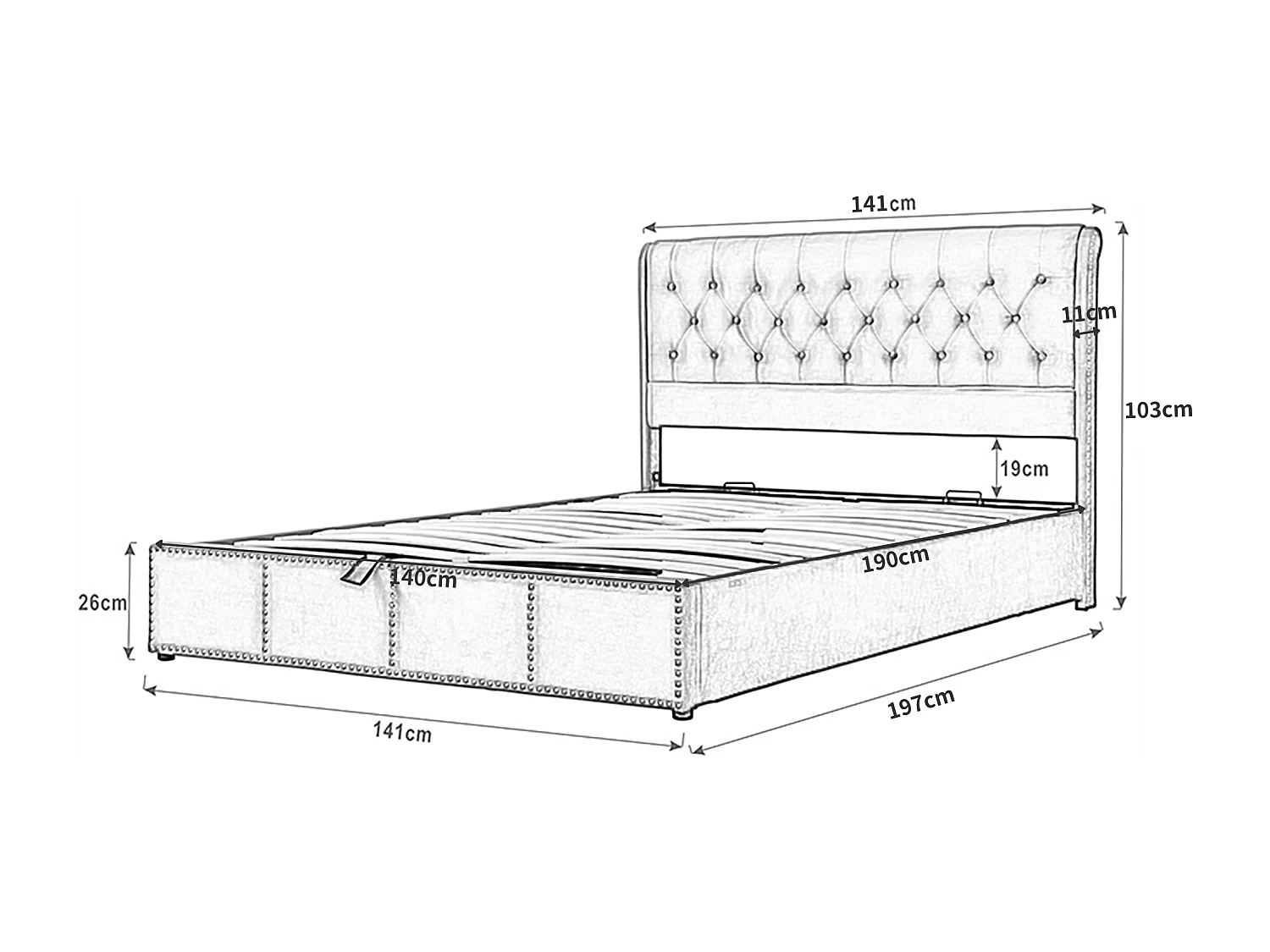 Gestoffeerd linnenopbergbed - versierd met klinknagels - met lattenbodem - 140x190cm - Lichtgrijs
