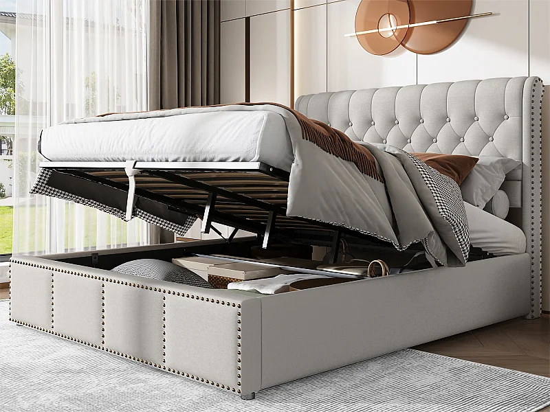 Letto imbottito in lino con contenitore - decorato con rivetti - con rete a doghe - 140x190 cm - Grigio chiaro