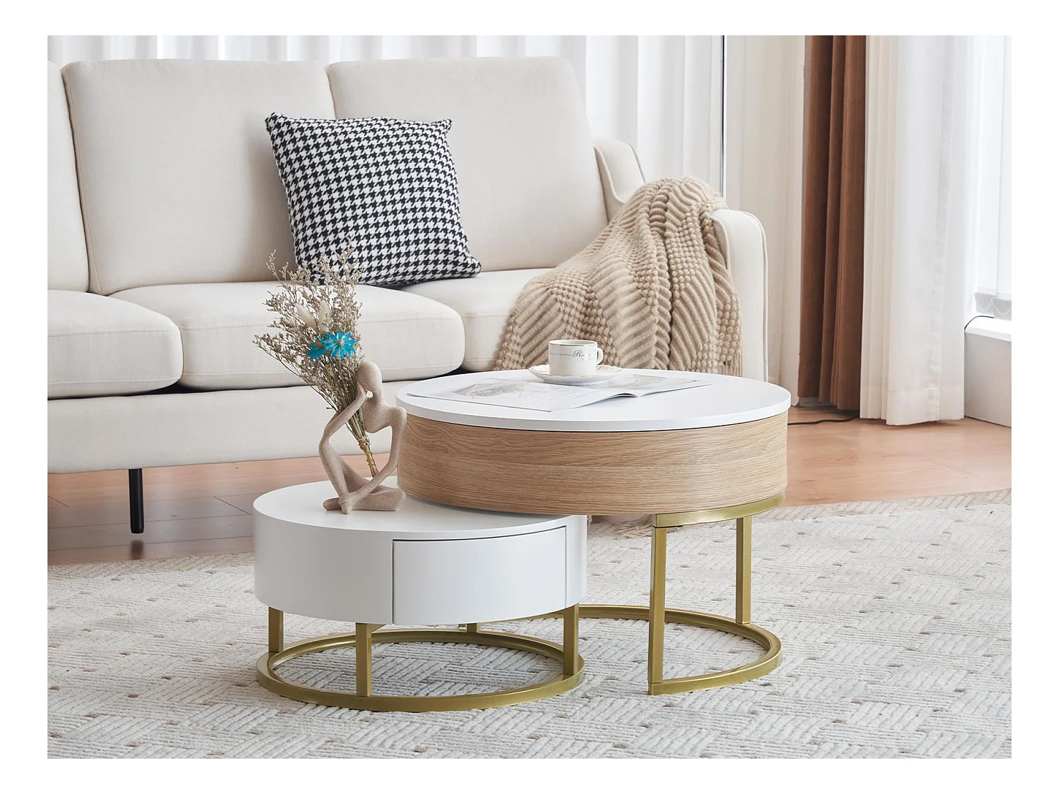 Lot de 2 tables gigognes revelables - avec 2 tirioirs - en MDF - Naturel & Blanc