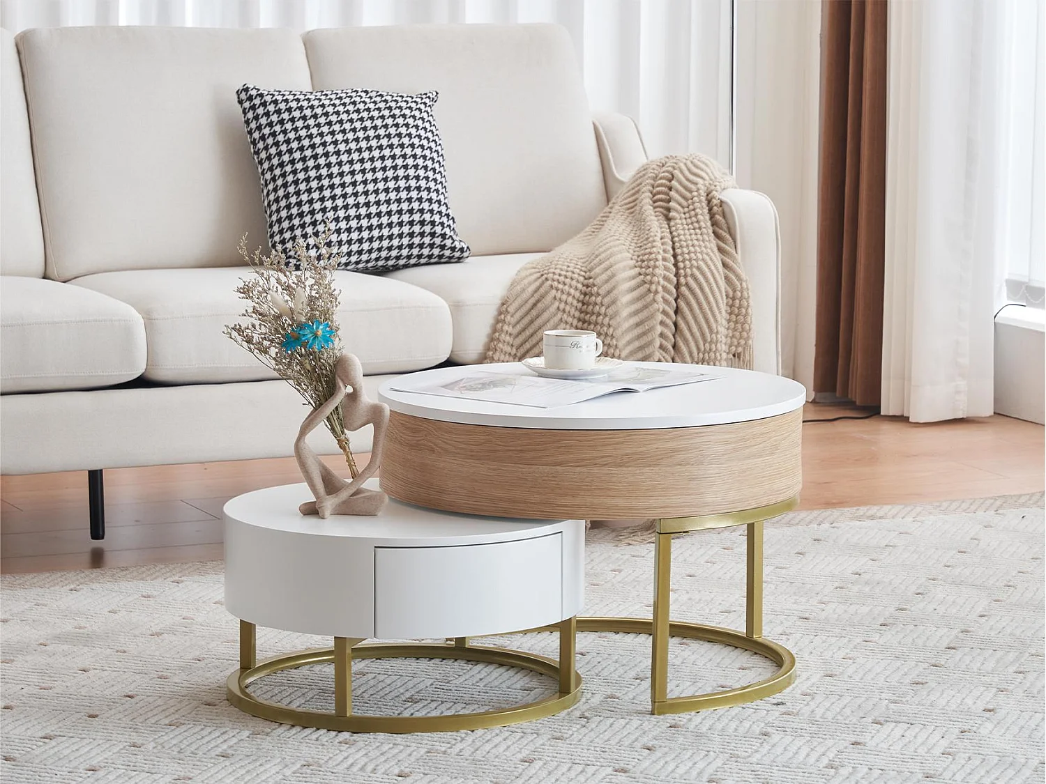 Lot de 2 tables gigognes revelables - avec 2 tirioirs - en MDF - Naturel & Blanc