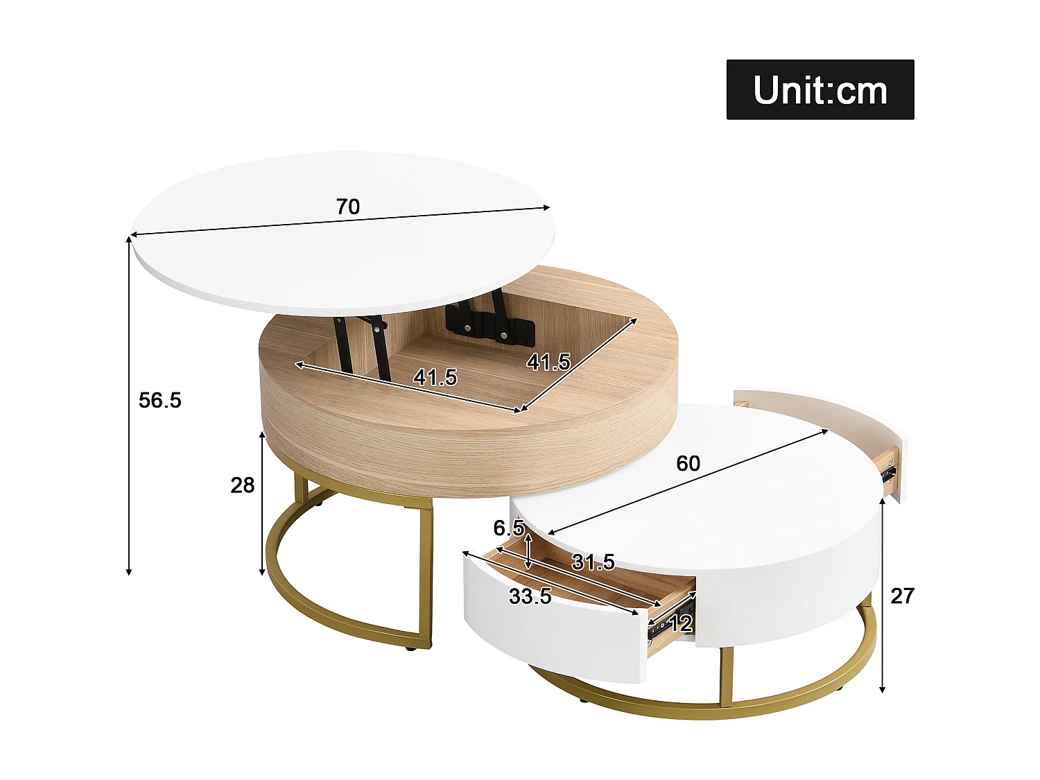 Lot de 2 tables gigognes revelables - avec 2 tirioirs - en MDF - Naturel & Blanc