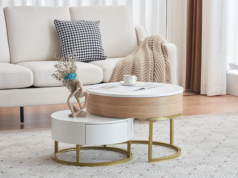 Lot de 2 tables gigognes revelables - avec 2 tirioirs - en MDF - Naturel & Blanc