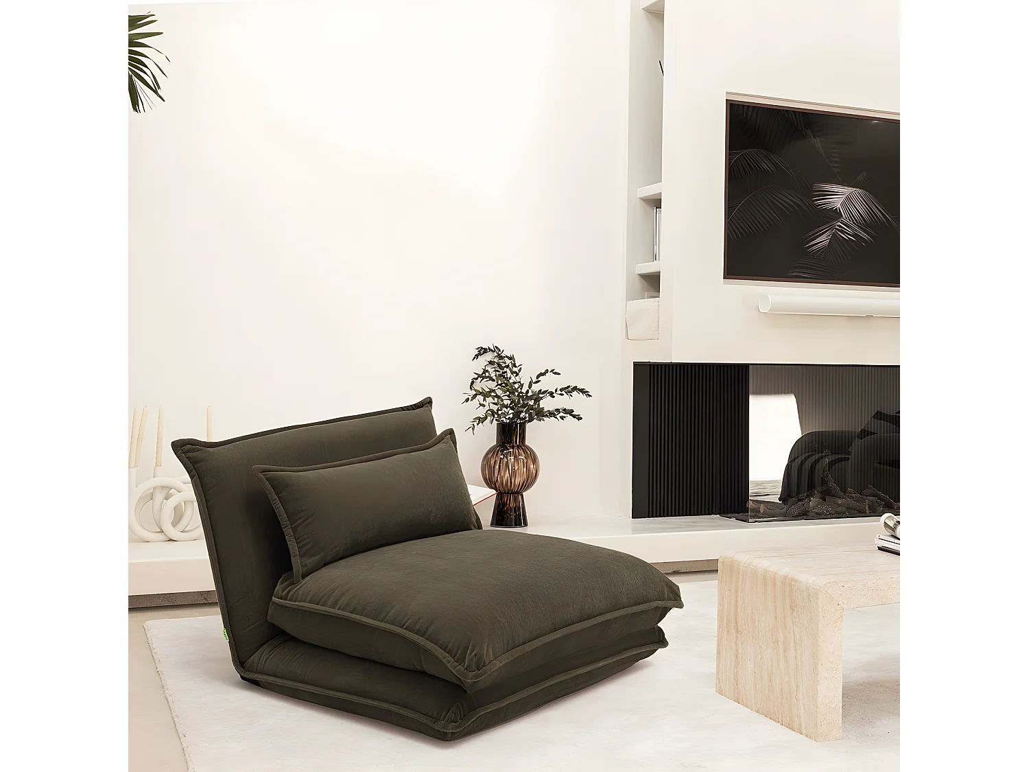 Nala - Chauffeuse convertible 1 personne en tissu chenille - Vert kaki