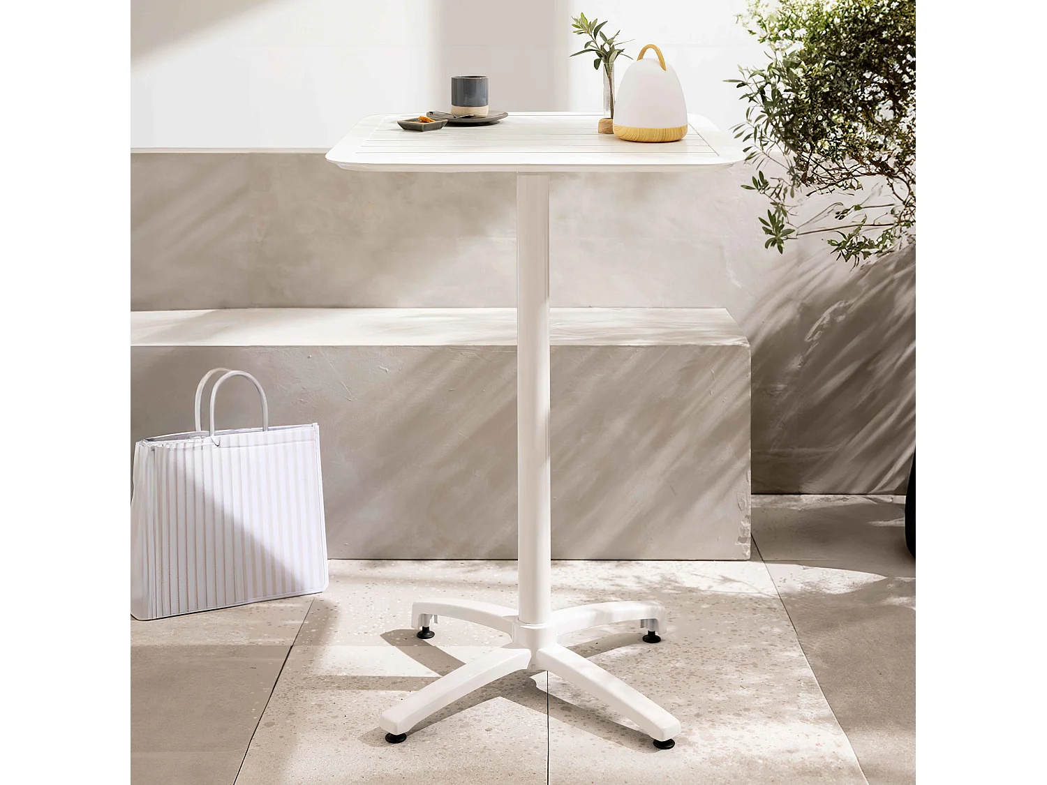 Table haute 60x60 cm inclinable de terrasse en aluminium blanc
