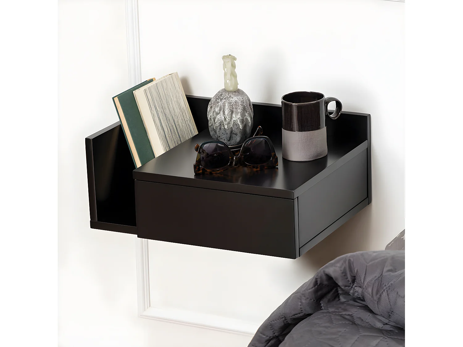 Kamichi - Table de chevet murale réversible en bois - Noir