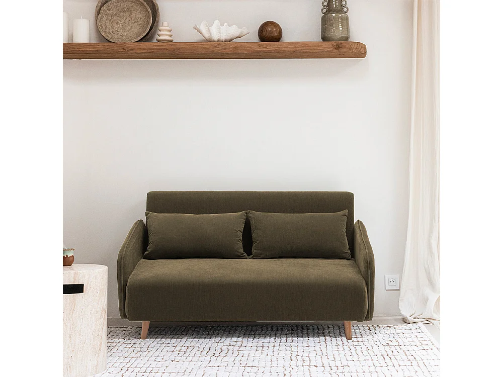 Monica - Canapé convertible 2 places en tissu chenille L140cm - Vert kaki