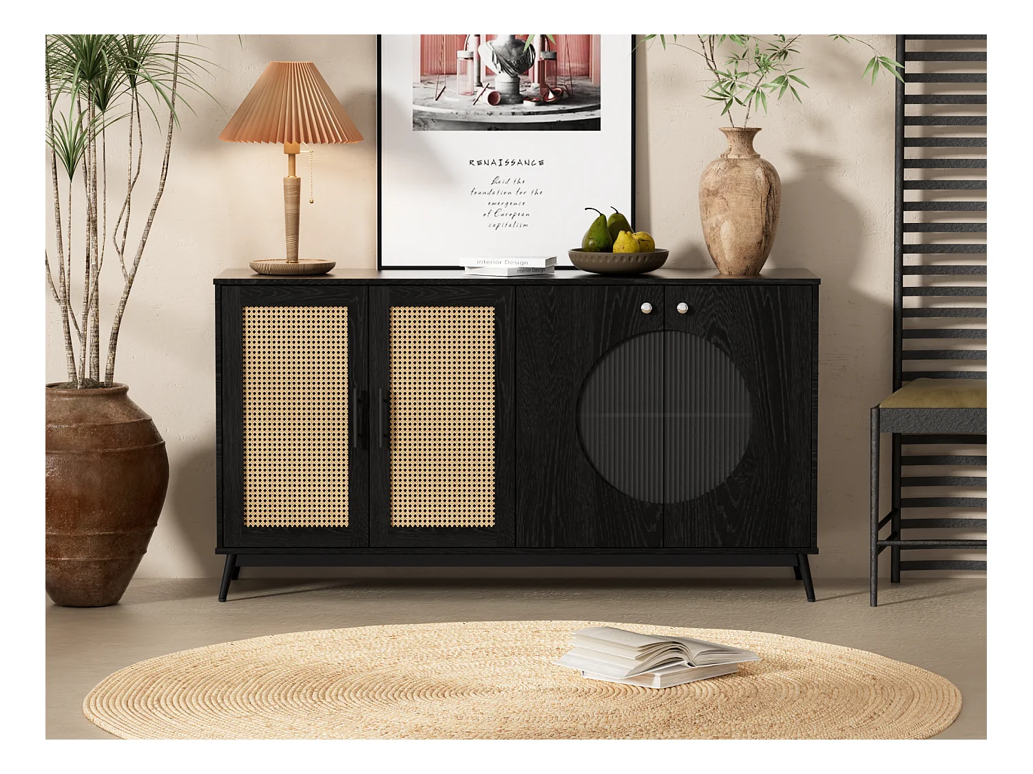 Buffet avec 4 portes - Motif en rotin et semi-circulaire - Panneaux de particules - Noir + chêne