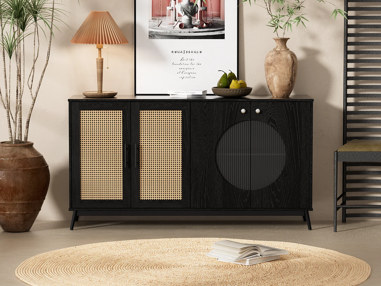 Aparador con 4 puertas - Ratán y patrón semicircular - Tablero de partículas - Negro + roble