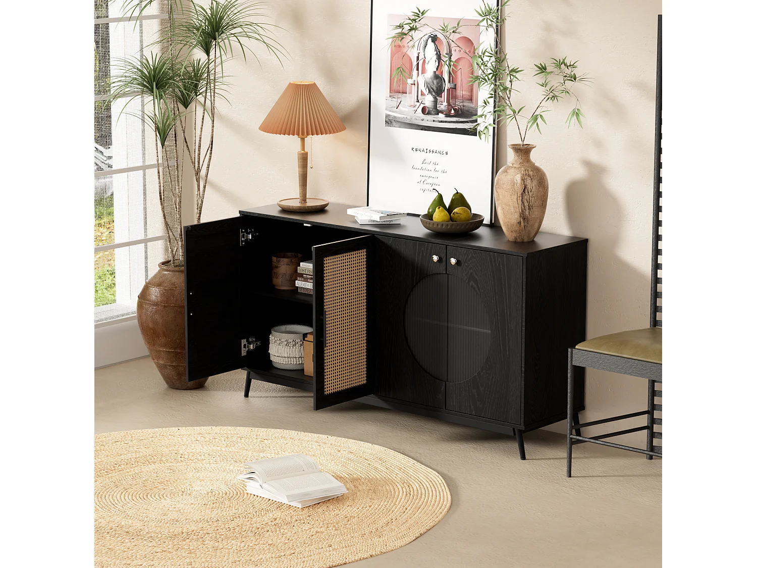 Aparador con 4 puertas - Ratán y patrón semicircular - Tablero de partículas - Negro + roble