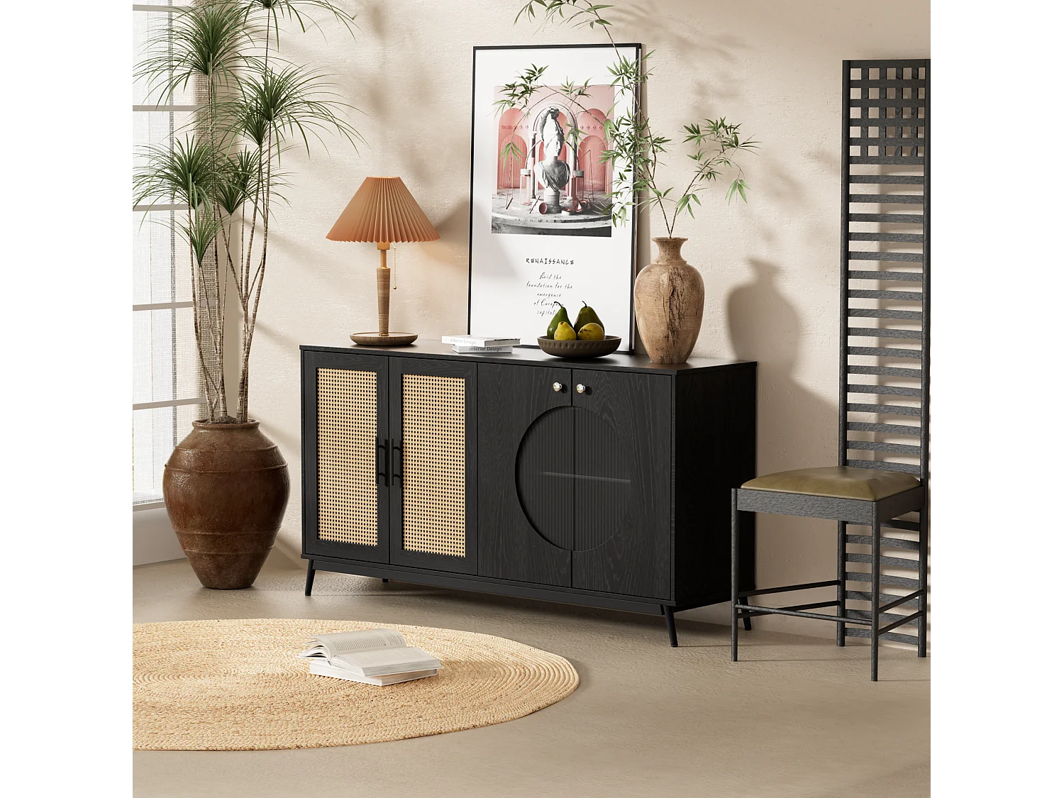 Aparador con 4 puertas - Ratán y patrón semicircular - Tablero de partículas - Negro + roble