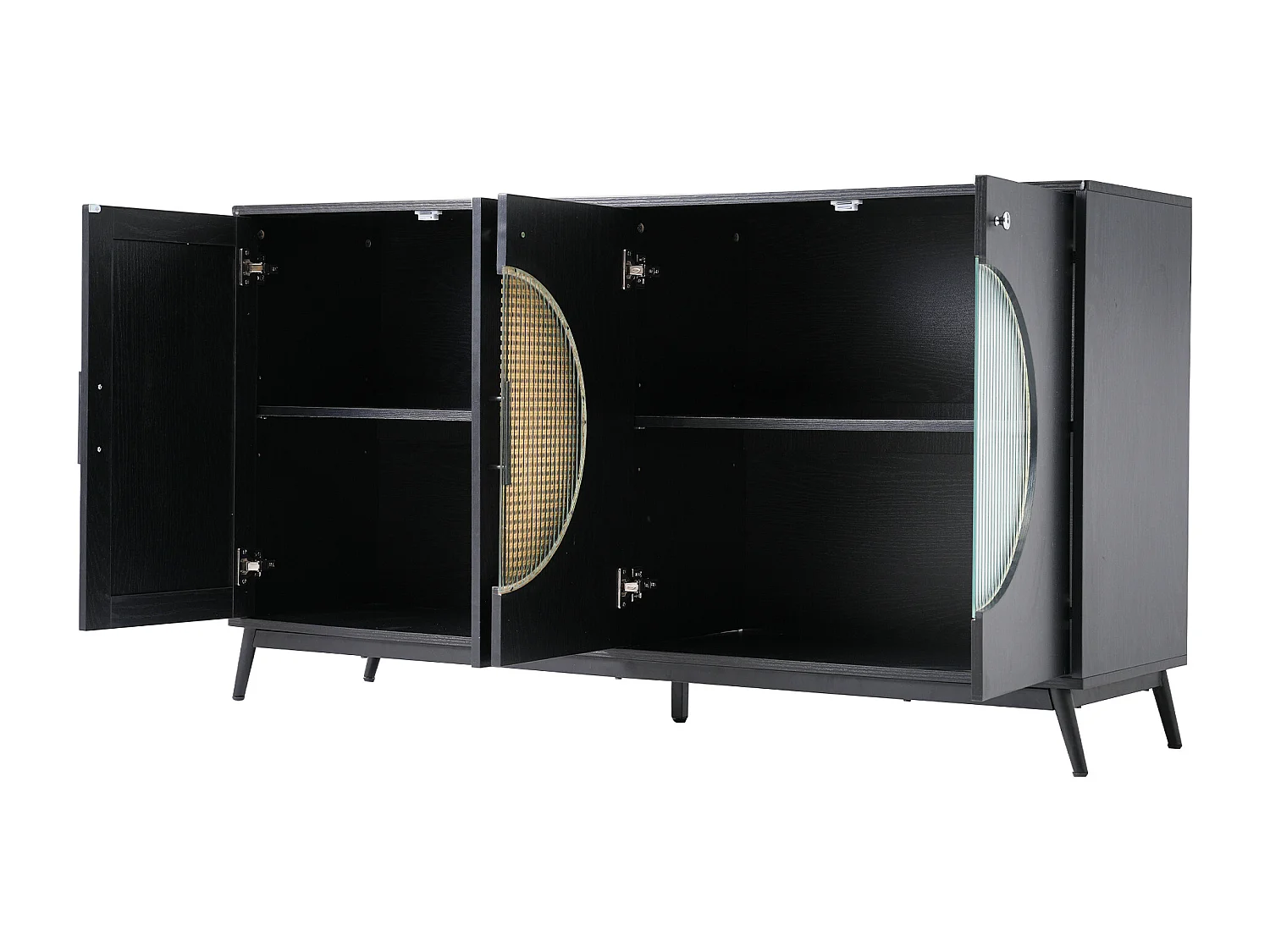 Aparador con 4 puertas - Ratán y patrón semicircular - Tablero de partículas - Negro + roble