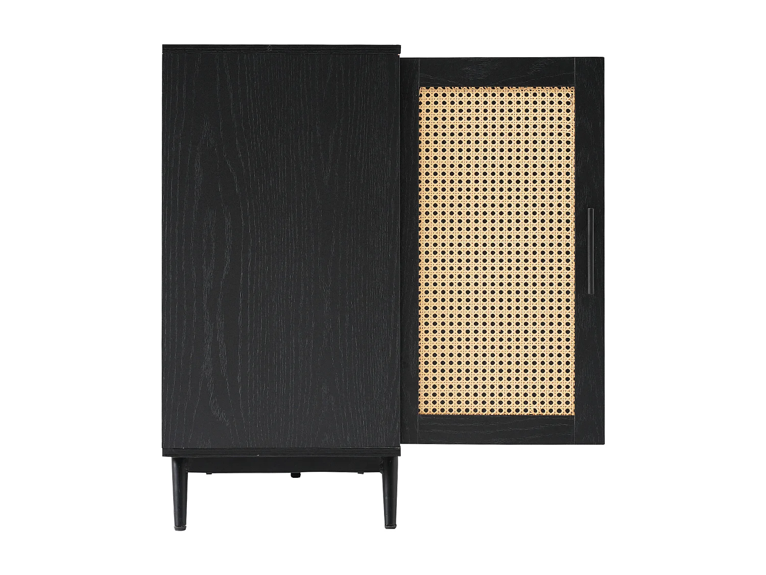 Aparador con 4 puertas - Ratán y patrón semicircular - Tablero de partículas - Negro + roble