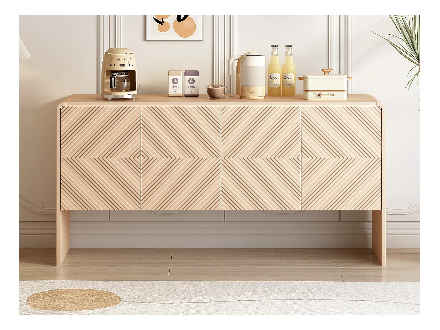 Buffet, Wohnzimmermöbel – 4 Schubladen, 2 verstellbare Einlegeböden – MDF-Holz – Farbe Aprikosencreme
