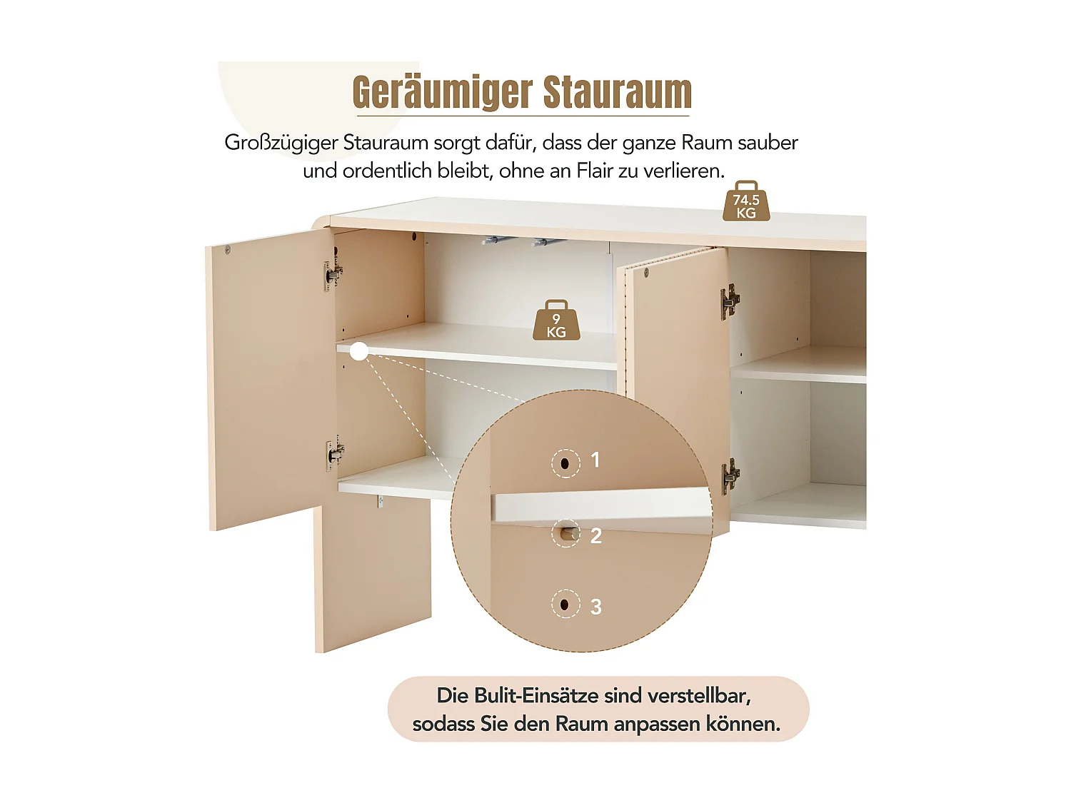 Buffet, Woonkamermeubel - 4 lades 2 verstelbare planken - MDF hout - Abrikoos crème kleur