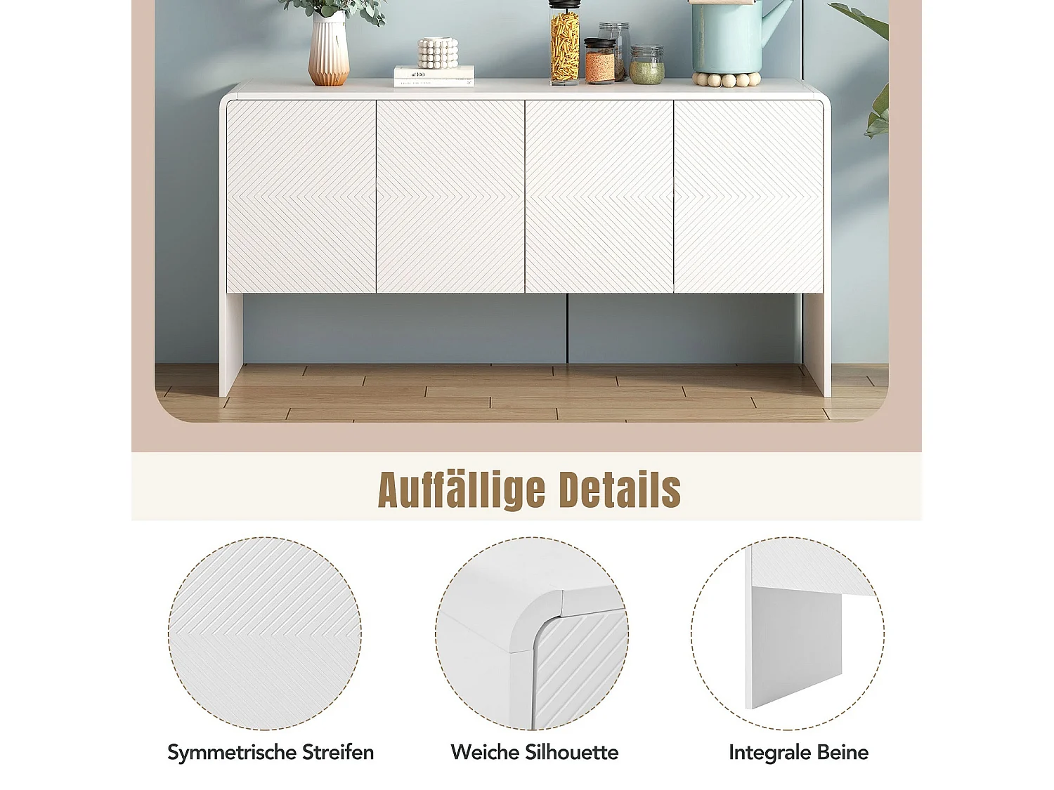 Aparador, Mueble de salón - 4 cajones 2 estantes regulables - Madera MDF - Color blanco