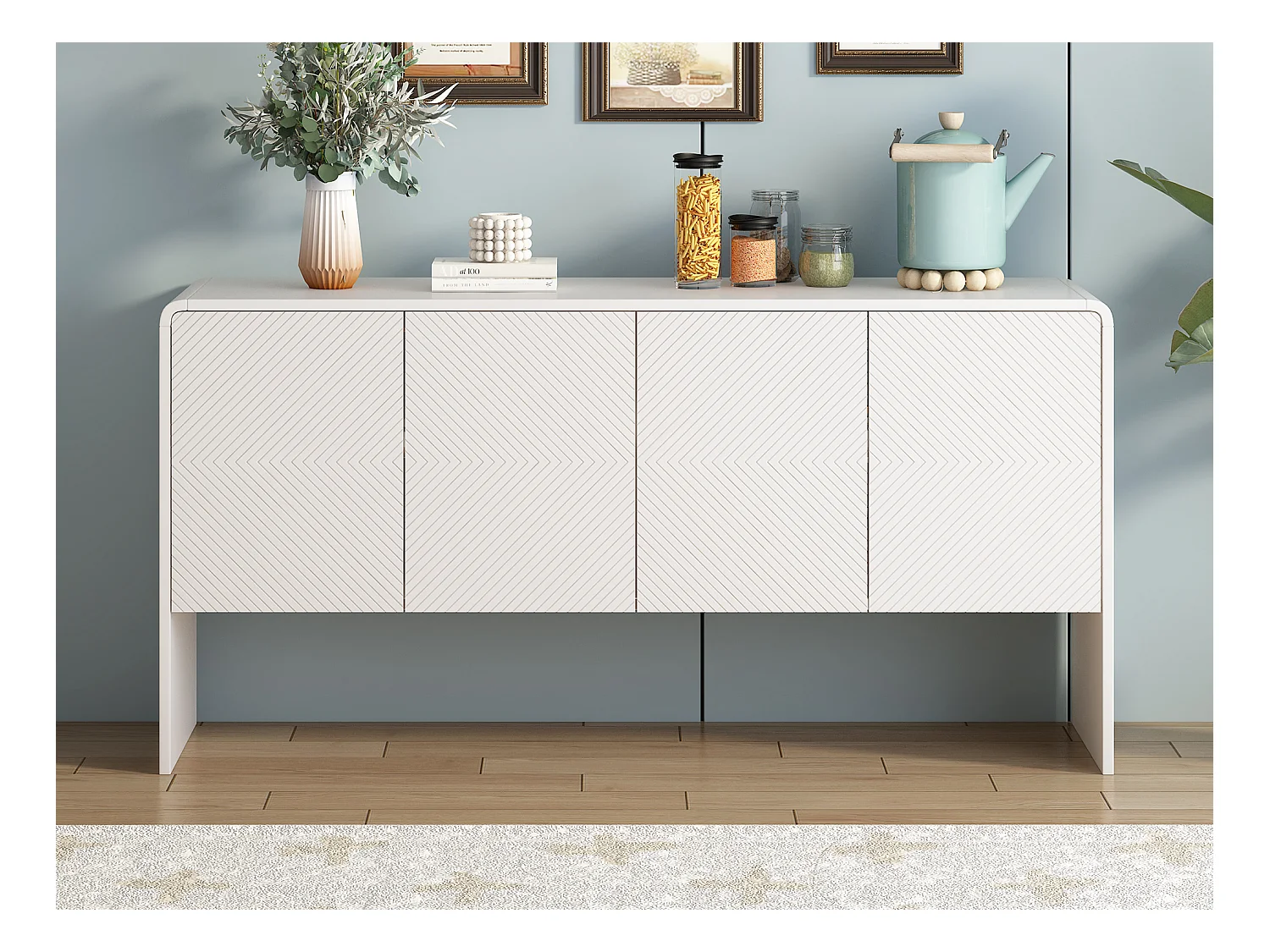 Buffet, Meuble de salon - 4 tiroirs 2 étagère réglables - Bois MDF - Coloris blanc