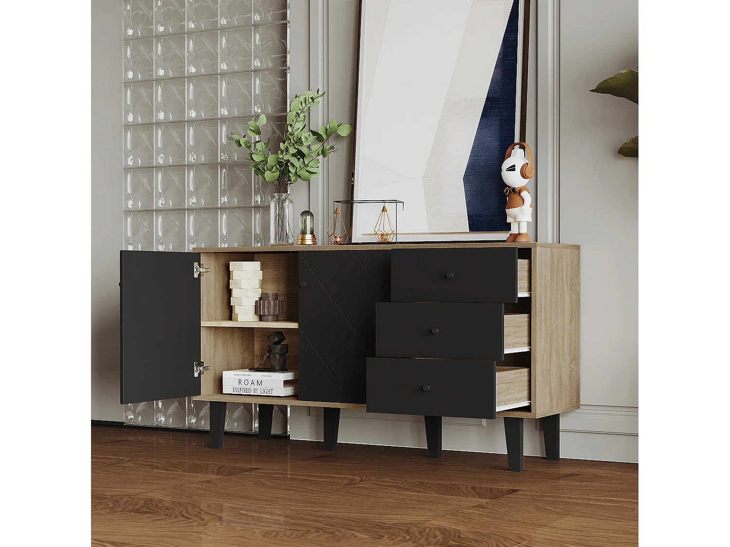 Buffet moderne avec grand espace de rangement, 2 portes et 3 tiroirs avec une étagère réglable pour salle à manger, salon ou cuisine, noir