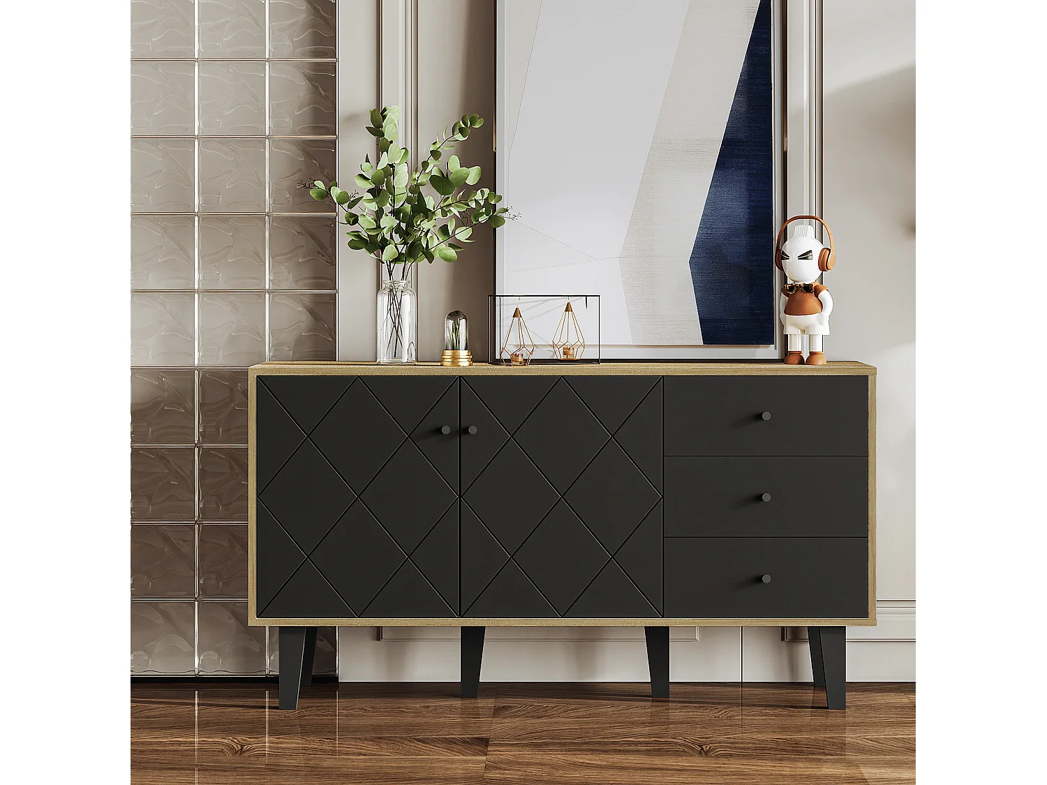 Buffet moderne avec grand espace de rangement, 2 portes et 3 tiroirs avec une étagère réglable pour salle à manger, salon ou cuisine, noir