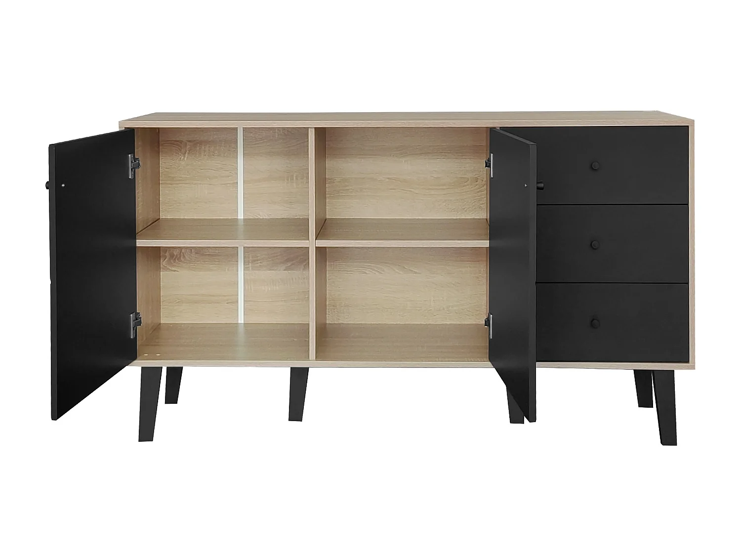Buffet moderne avec grand espace de rangement, 2 portes et 3 tiroirs avec une étagère réglable pour salle à manger, salon ou cuisine, noir