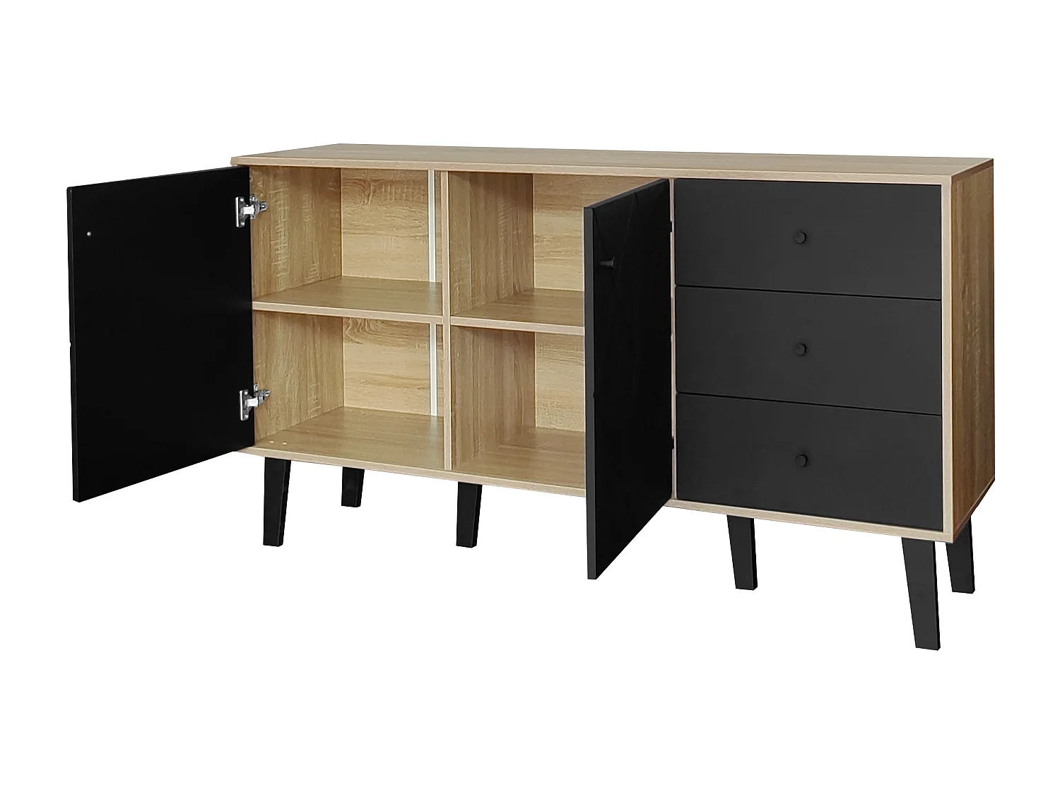 Buffet moderne avec grand espace de rangement, 2 portes et 3 tiroirs avec une étagère réglable pour salle à manger, salon ou cuisine, noir