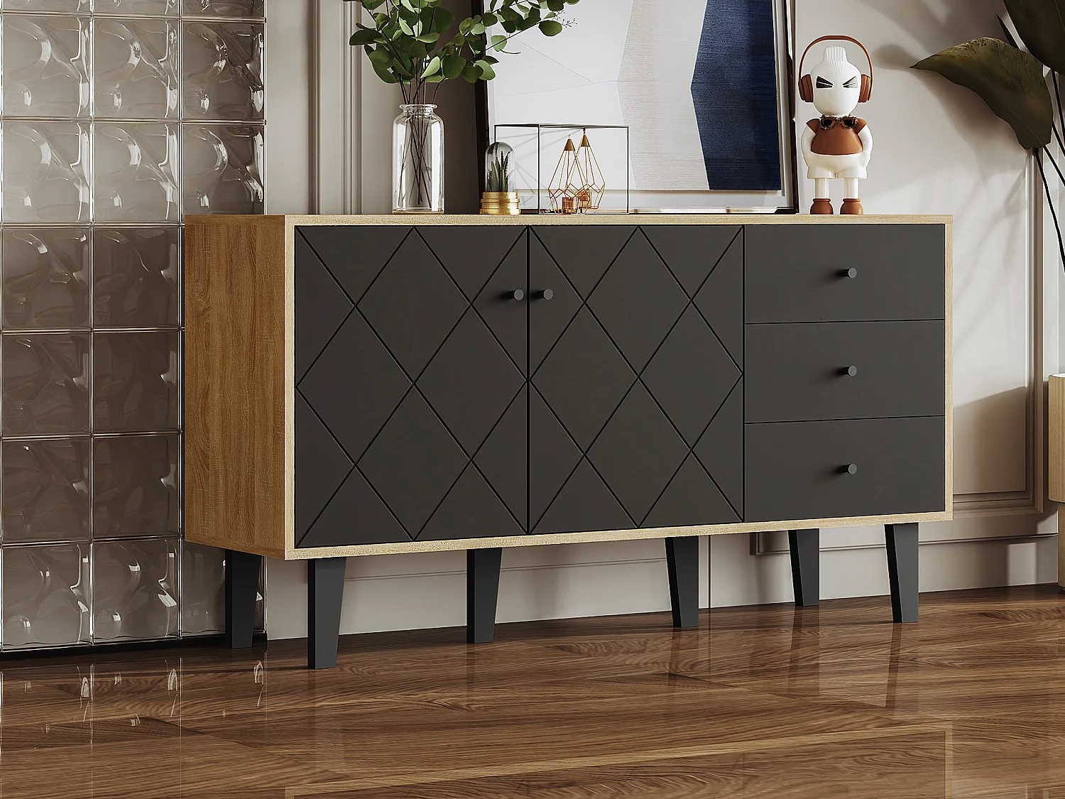 Buffet moderne avec grand espace de rangement, 2 portes et 3 tiroirs avec une étagère réglable pour salle à manger, salon ou cuisine, noir