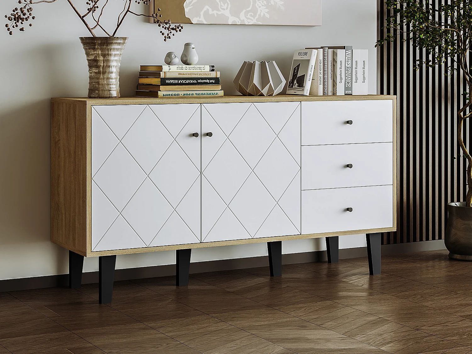 Aparador moderno com amplo espaço de armazenamento, 2 portas e 3 gavetas com prateleira ajustável para sala de jantar, sala de estar ou cozinha, branco