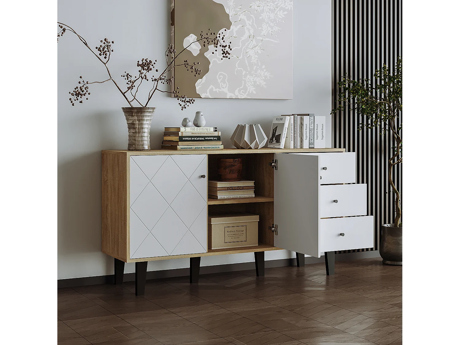 Aparador moderno com amplo espaço de armazenamento, 2 portas e 3 gavetas com prateleira ajustável para sala de jantar, sala de estar ou cozinha, branco