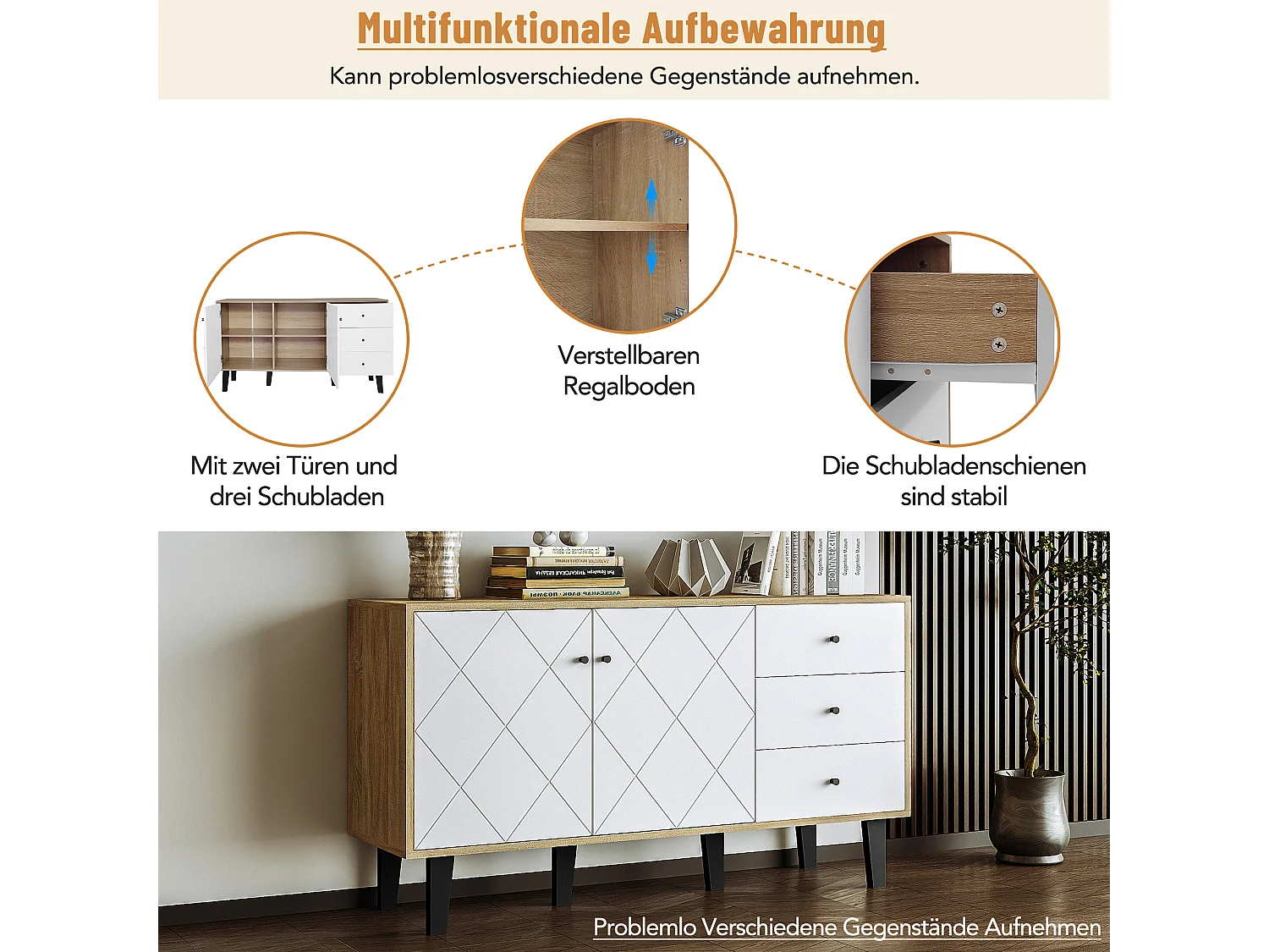 Aparador moderno com amplo espaço de armazenamento, 2 portas e 3 gavetas com prateleira ajustável para sala de jantar, sala de estar ou cozinha, branco