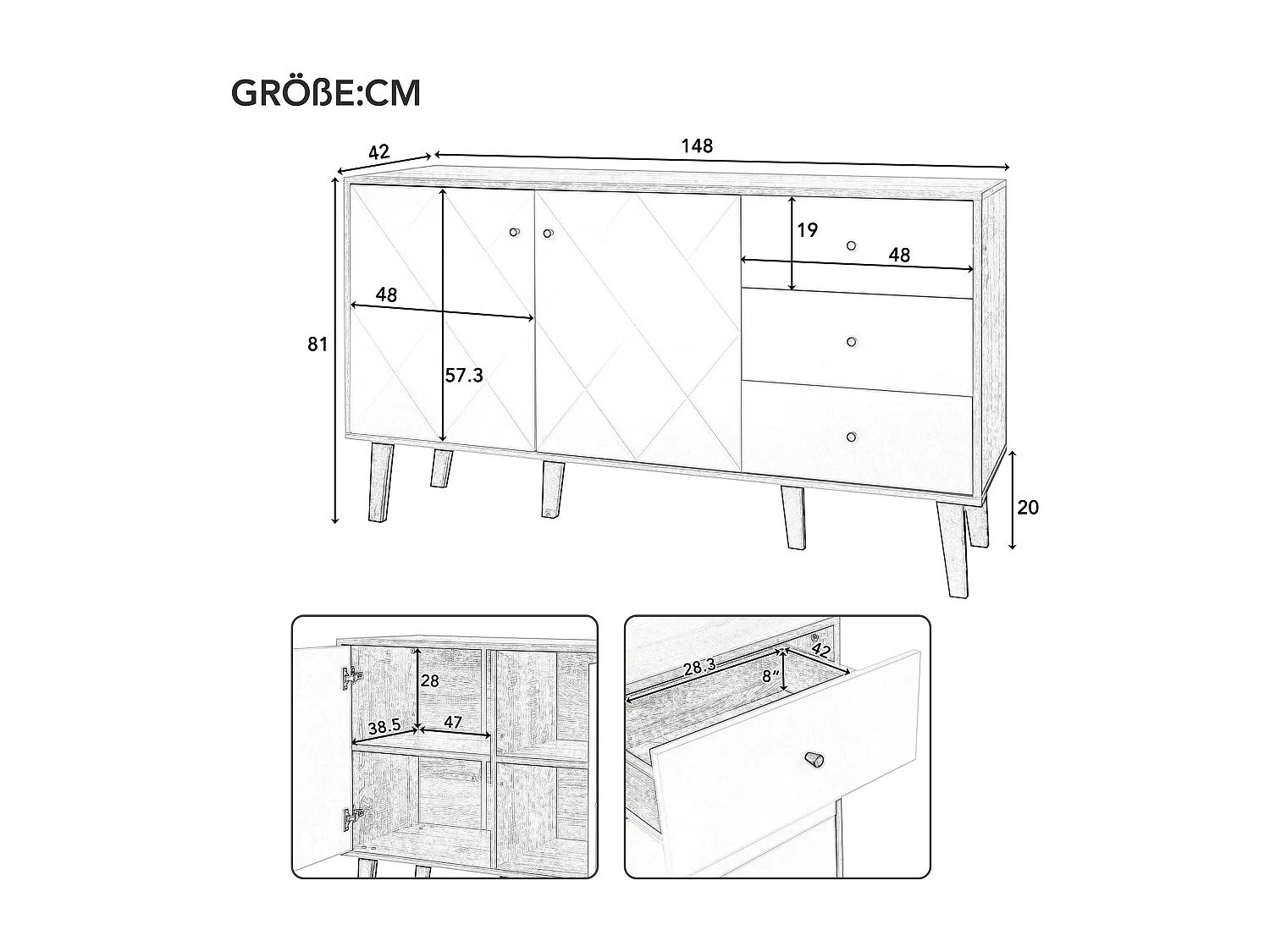 Aparador moderno com amplo espaço de armazenamento, 2 portas e 3 gavetas com prateleira ajustável para sala de jantar, sala de estar ou cozinha, branco