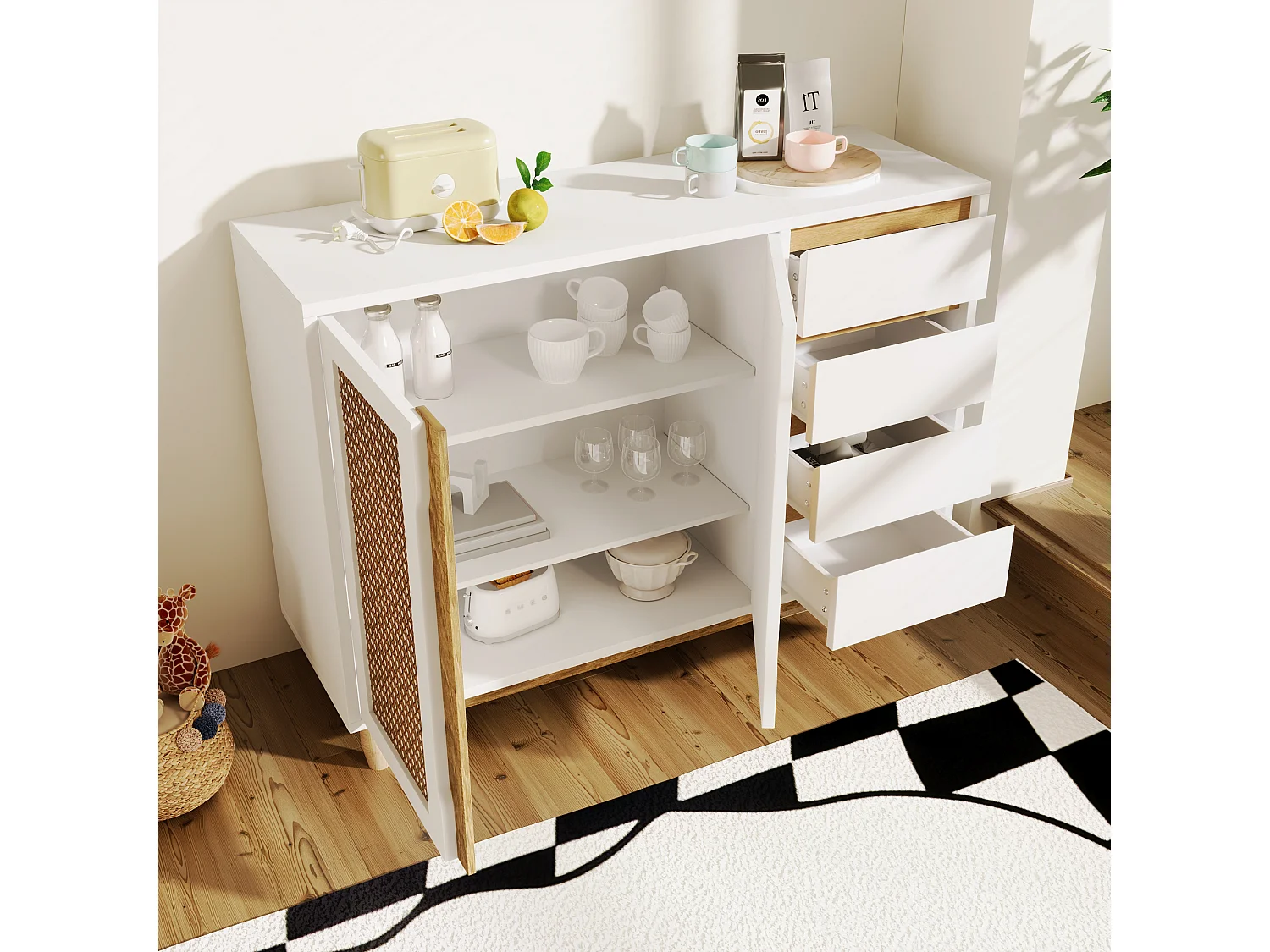 Laag dressoir met 2 deuren 4 lades - Verstelbare planken - Rotan patroon - MDF hout - Wit + eiken