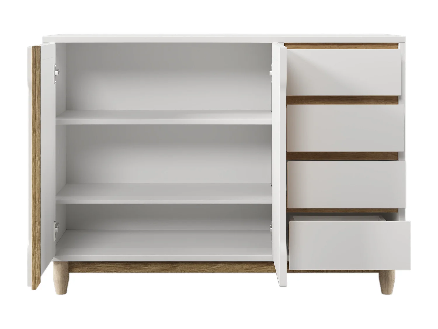 Laag dressoir met 2 deuren 4 lades - Verstelbare planken - Rotan patroon - MDF hout - Wit + eiken