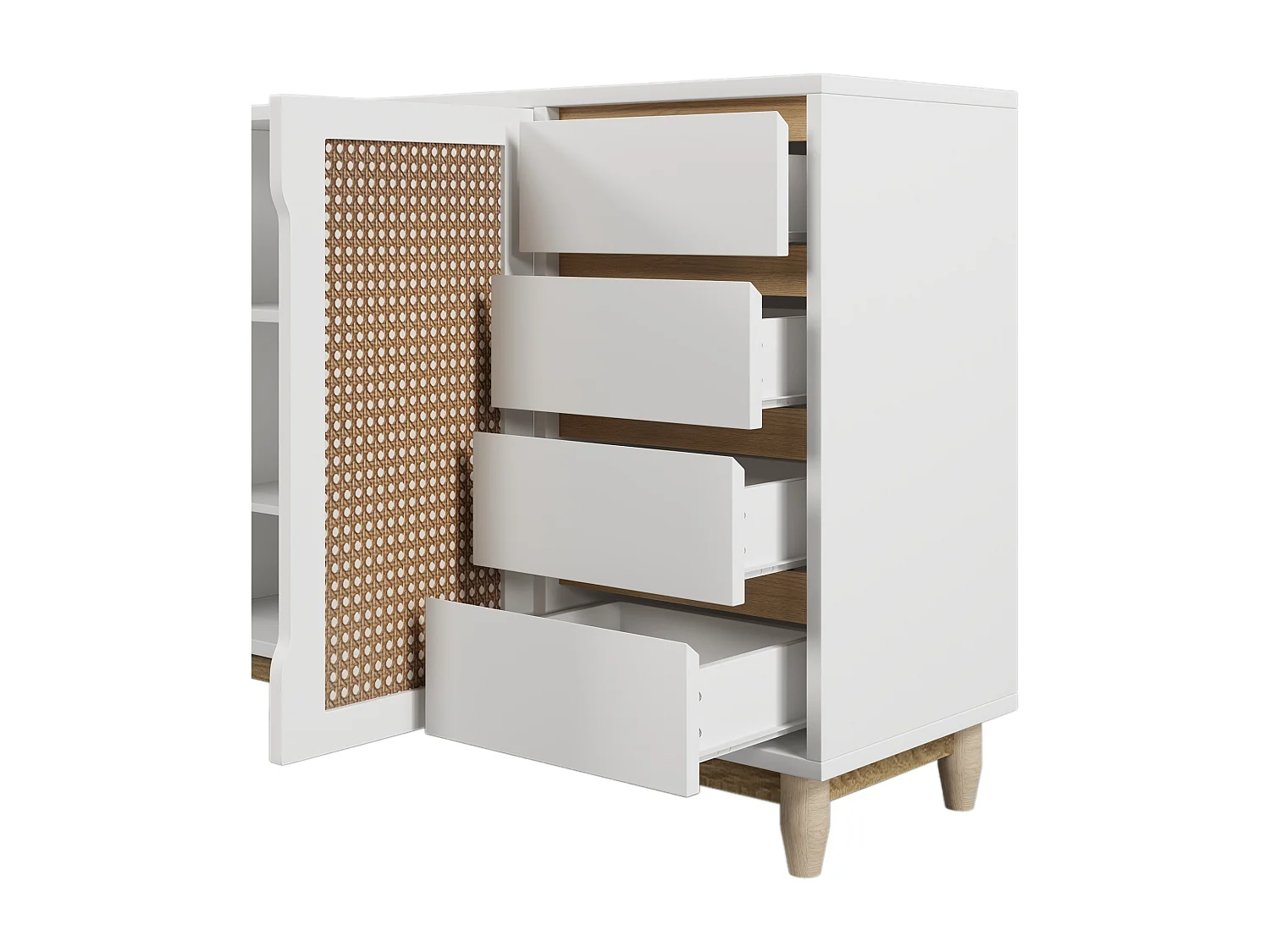 Laag dressoir met 2 deuren 4 lades - Verstelbare planken - Rotan patroon - MDF hout - Wit + eiken