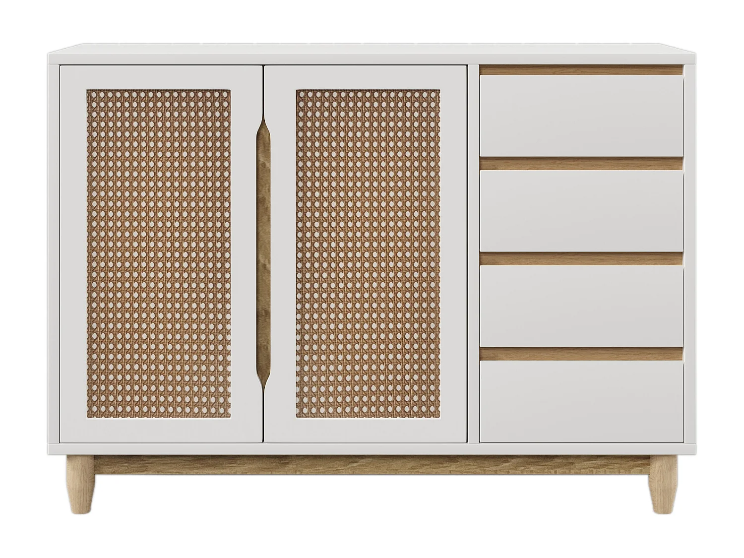 Laag dressoir met 2 deuren 4 lades - Verstelbare planken - Rotan patroon - MDF hout - Wit + eiken