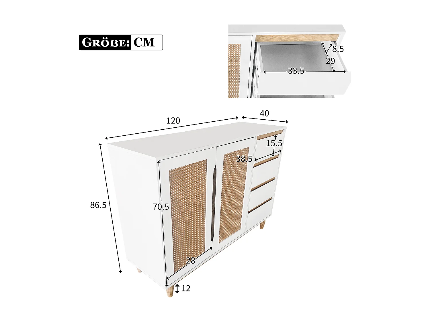 Laag dressoir met 2 deuren 4 lades - Verstelbare planken - Rotan patroon - MDF hout - Wit + eiken