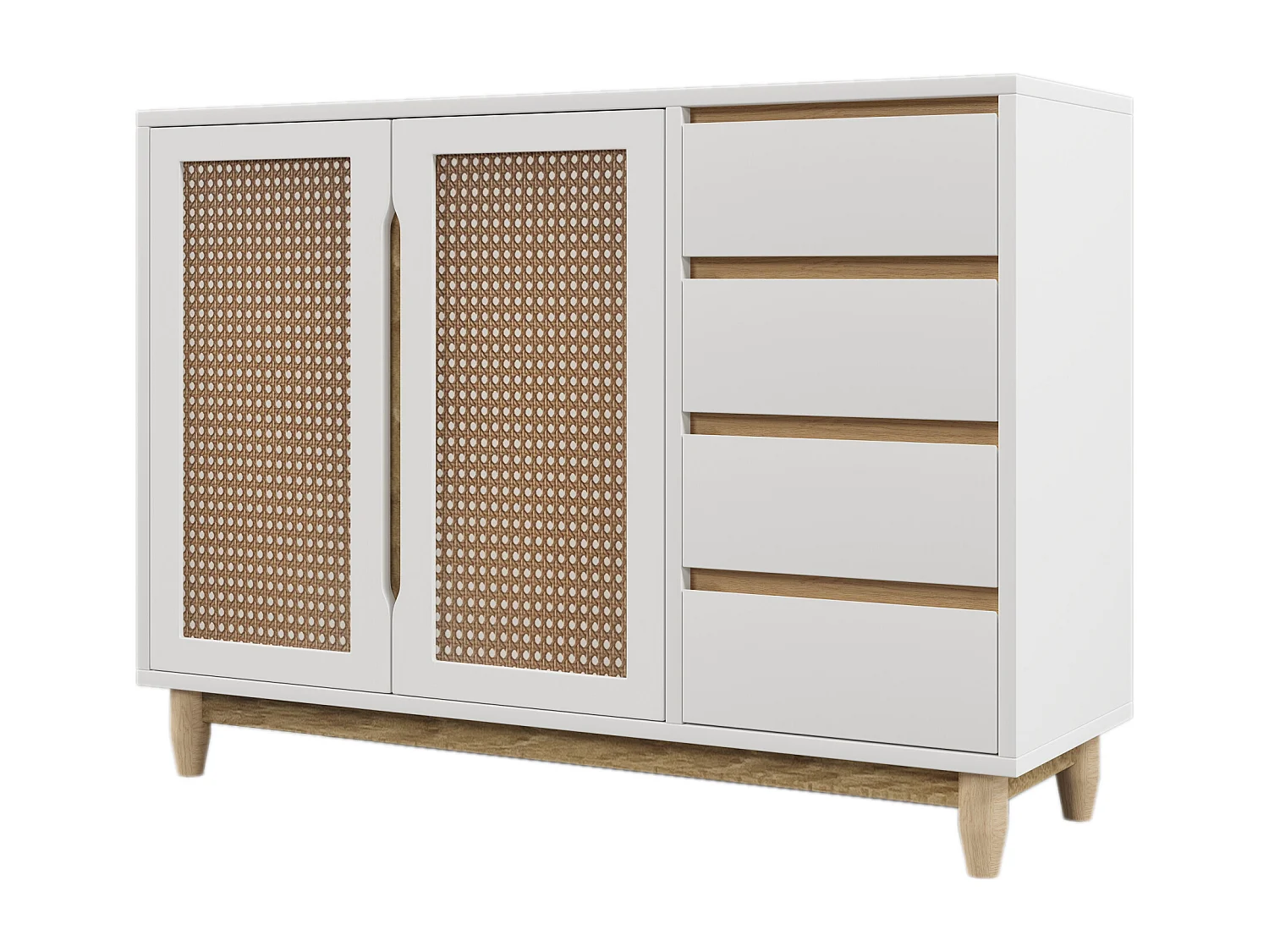 Laag dressoir met 2 deuren 4 lades - Verstelbare planken - Rotan patroon - MDF hout - Wit + eiken