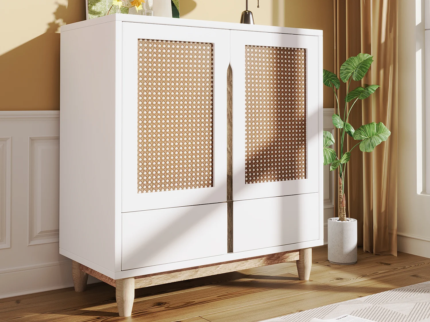 Laag dressoir met 2 deuren 4 lades - Verstelbare planken - Rotan patroon - MDF hout - Wit + eiken
