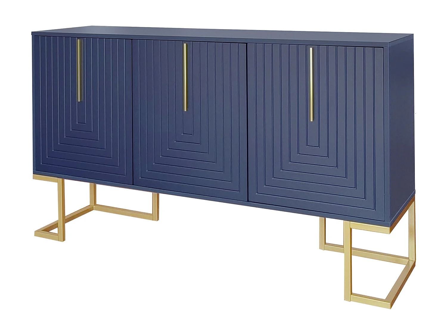 Niedriges 3-türiges Sideboard mit verstellbaren Regalen – 138 x 40 x 80,5 cm – MDF-Holz und goldfarbenes Metall – Blau