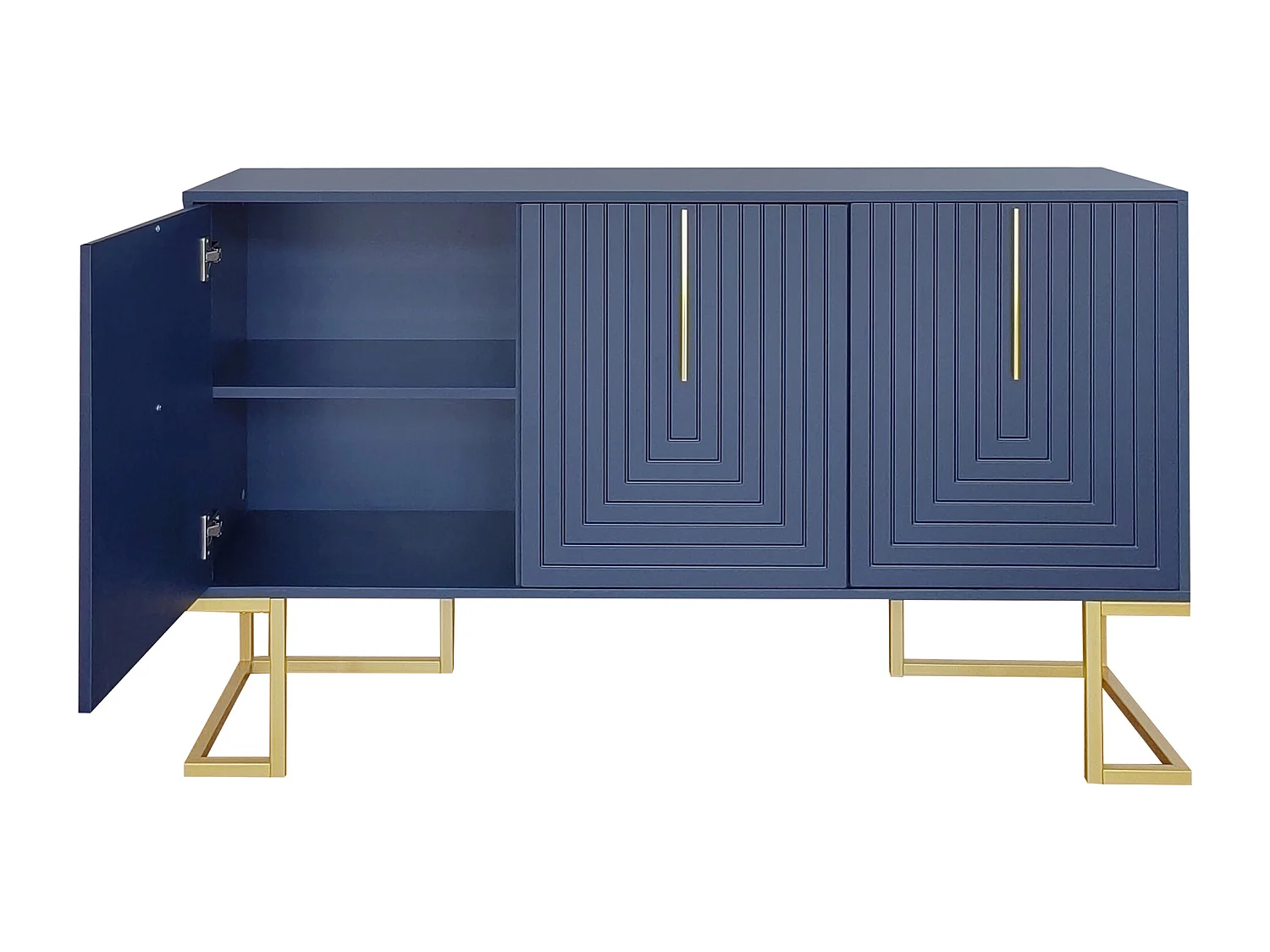 Niedriges 3-türiges Sideboard mit verstellbaren Regalen – 138 x 40 x 80,5 cm – MDF-Holz und goldfarbenes Metall – Blau
