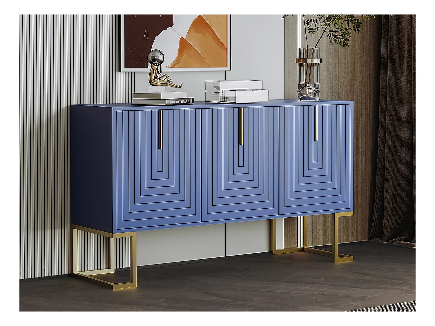 Buffet bas 3 portes avec étagères réglables - 138x40x80.5cm - Bois MDF et métal doré - Bleu