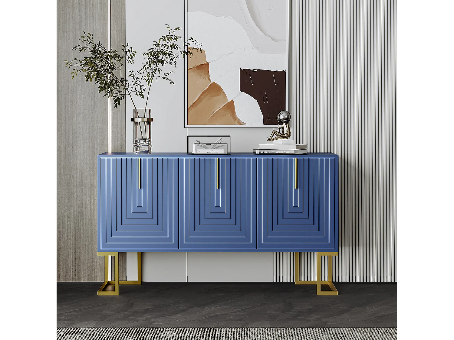 Laag dressoir met 3 deuren en verstelbare planken - 138x40x80,5cm - MDF hout en goud metaal - Blauw