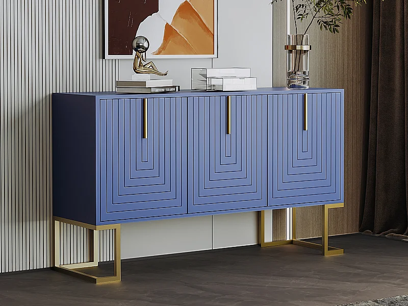 Buffet bas 3 portes avec étagères réglables - 138x40x80.5cm - Bois MDF et métal doré - Bleu