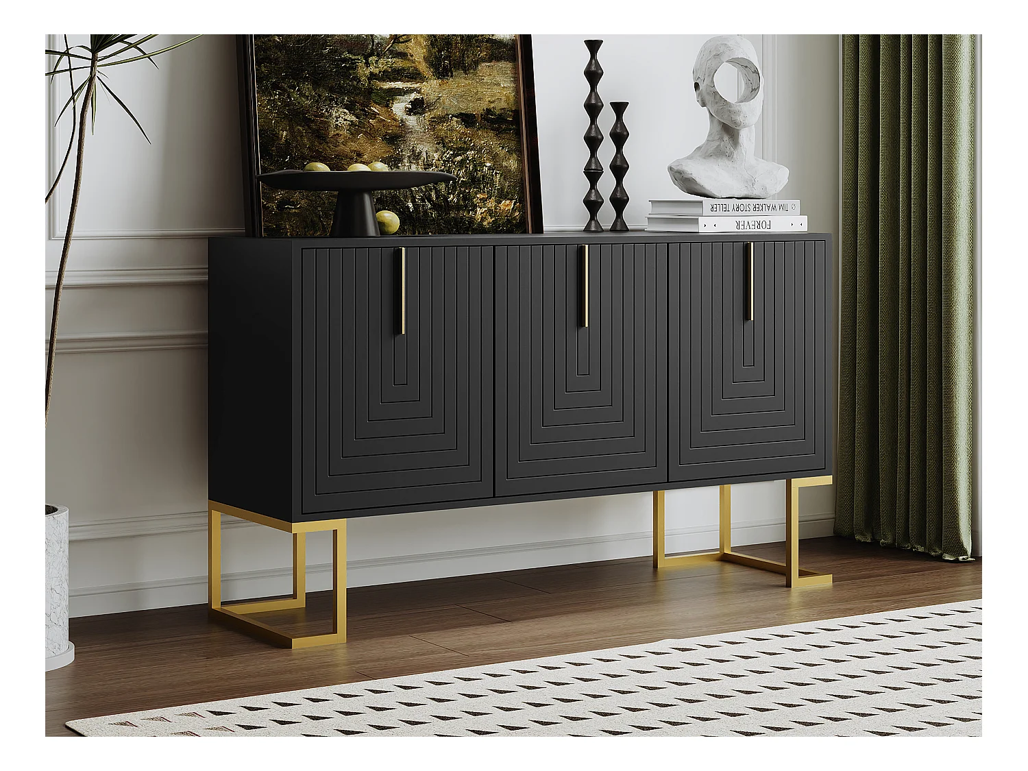 Aparador bajo de 3 puertas con estantes regulables - 138x40x80,5cm - Madera MDF y metal dorado - Negro