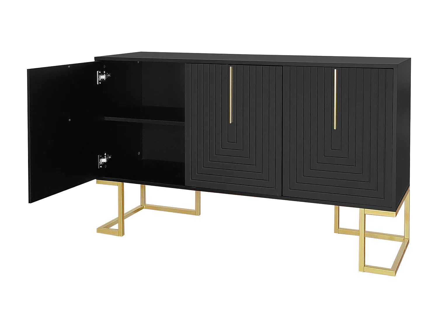 Aparador bajo de 3 puertas con estantes regulables - 138x40x80,5cm - Madera MDF y metal dorado - Negro