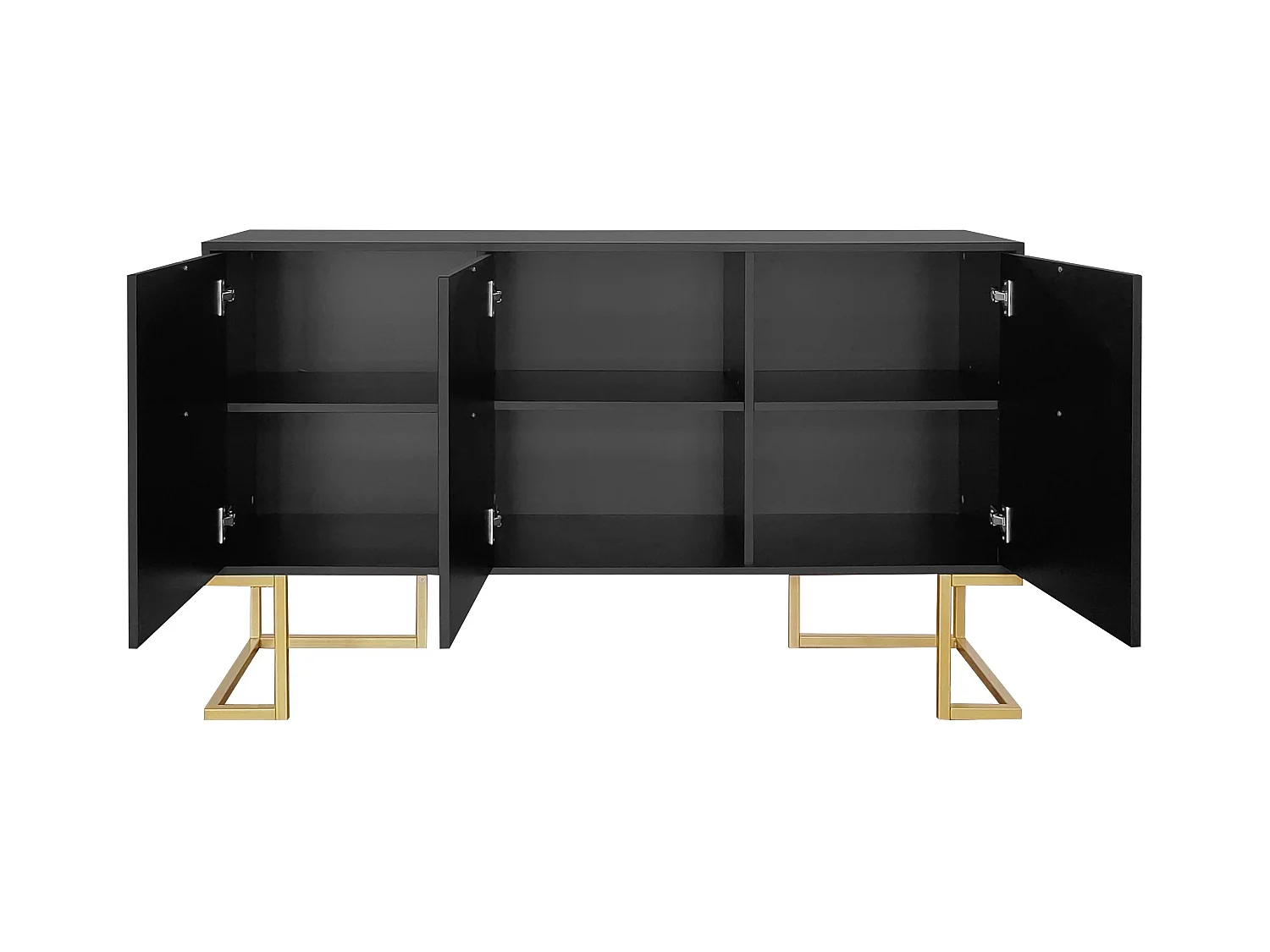 Aparador bajo de 3 puertas con estantes regulables - 138x40x80,5cm - Madera MDF y metal dorado - Negro