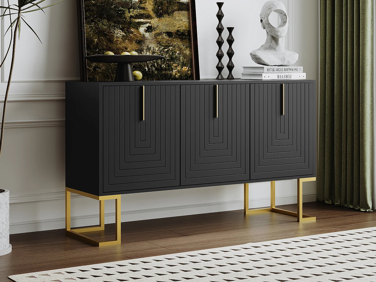 Laag dressoir met 3 deuren en verstelbare planken - 138x40x80,5cm - MDF hout en goud metaal - Zwart